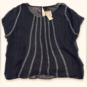 Celine Kay Navy Sheer Short Sleeve Embellished Blouse Women’s‎ L NWT